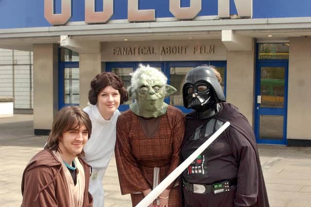 Odeon cinema staff in Star Wars characters costume to promote a new Star wars film in 2005. Pictured outside the cinema on Arundel Gate, Sheffield are Colin Oakley, Louise Archer, Tracy Steel and Christine Adams