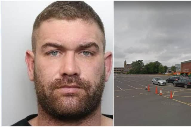 James Thomson, 37 (left) assaulted his victims in the car park of Owlerton Stadium (right) in January last year, leaving one of his victims with a fractured skull and a bleed on the brain.