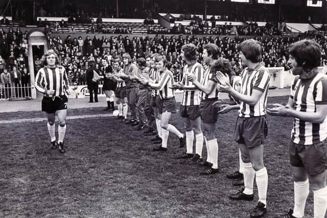Alan Woodward Benefit Match at Bramall Lane - 9th May 1974 - Sheffield United's Alan Woodward runs out onto the field to the applause of the Sheffield Wednesday players and the crowd
