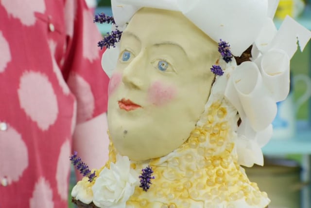 Rowan’s cake bust of Marie Antoinette was recognisable, but he had to make a last-minute switch and use rice paper for the hair, instead of a tower of choux buns as originally planned (Photo: Channel 4/Getty)