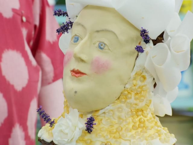 Rowan’s cake bust of Marie Antoinette was recognisable, but he had to make a last-minute switch and use rice paper for the hair, instead of a tower of choux buns as originally planned (Photo: Channel 4/Getty)