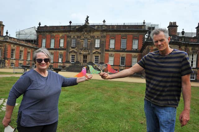 Seen in the grounds of Wentworth Woodhouse are artists Juli Edwards and Ron Thompson, of Planet Art Sculptures