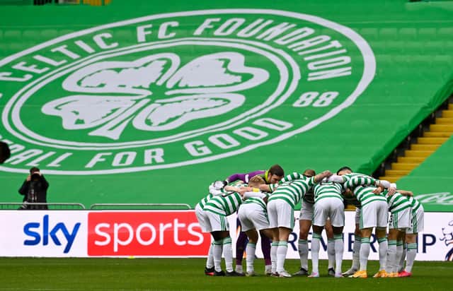 GLASGOW, SCOTLAND - OCTOBER 17: A general view of the huddle during a Scottish Premiership match between Celtic and Rangers at Celtic Park, on October 17, 2020, in Glasgow, Scotland. (Photo by Rob Casey / SNS Group)