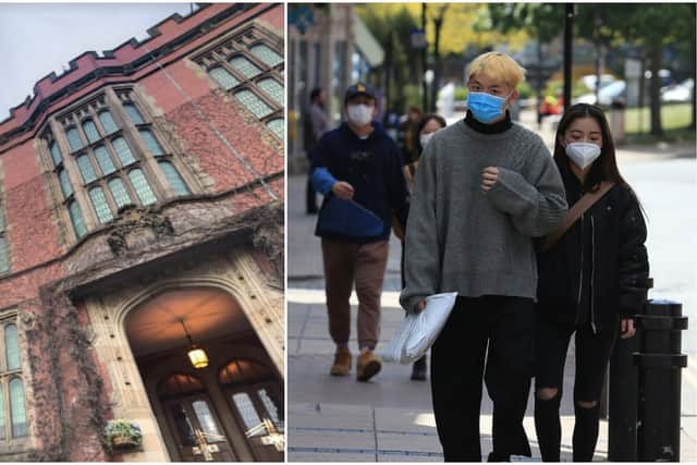 (Left) Sheffield University (Right) People wearing a face mask as a precautionary measure against COVID-19 walk along a street in Sheffield (Photo by LINDSEY PARNABY/AFP via Getty Images)