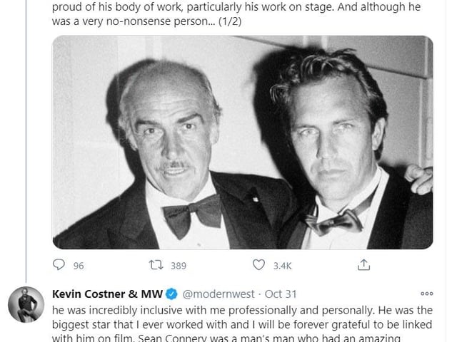 Their time on screen in 'Robin Hood: Prince of Thieves' may have been brief, but sir Sean clearly left a mark on his co-star, Kevin Costner
