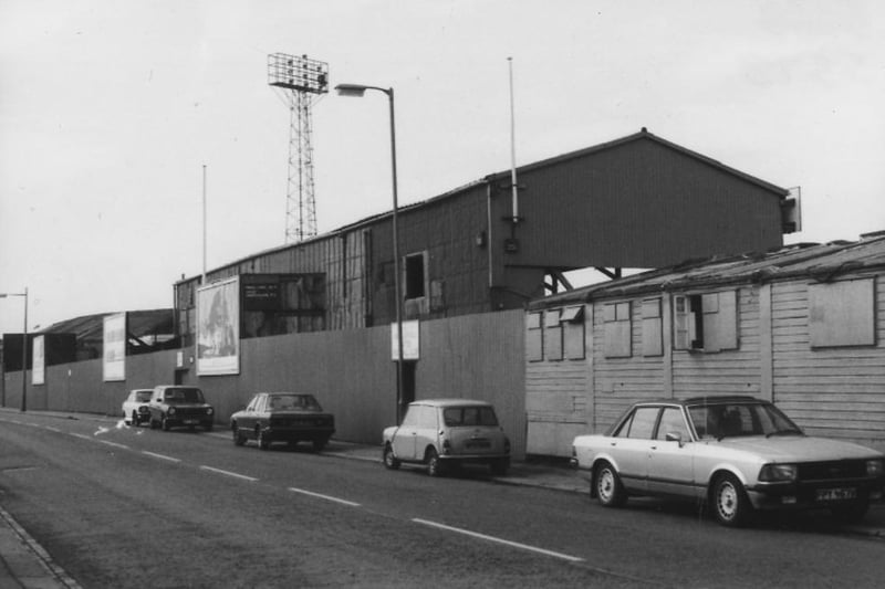 Hartlepool United's Victoria Ground in 1985. The changing rooms are on the right and the large wooden stand is in the centre. Photo: Hartlepool Museum Service.