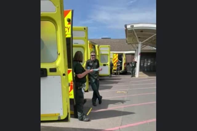 This was the scene at Sheffield’s Northern General Hospital – where around 20 ambulances appeared to queue to drop patients off A&E.