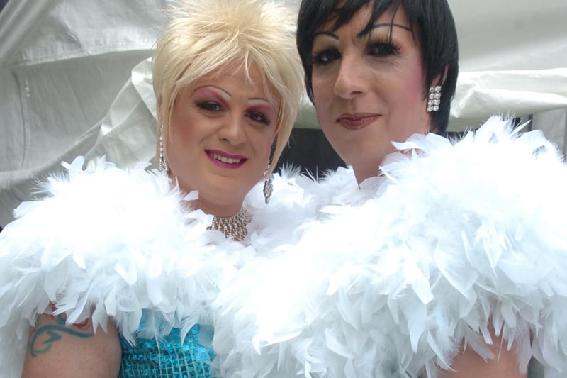 Seen backstage are 2008 Sheffield Pride are entertainers Bobie Dazzler and Miss Wiplash