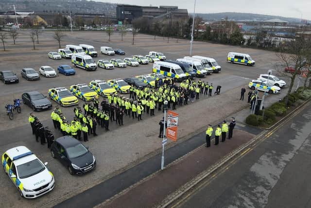 Police gather in Sheffield for a day of action as part of Operation Duxford, targeting child exploitation, on Wednesday, March 29. Officers busted two cannabis farms, seized weapons and drugs, and, in a crackdown on truancy, identified 47 children who were absent from school