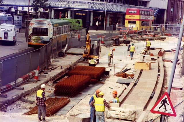 Supertram work taking place outside Sheffield Cathedral in 1993
