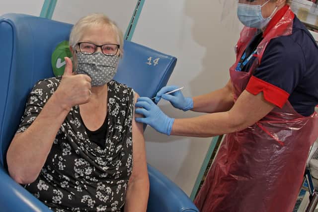 Trixie Walker becomes one of the first people to be vaccinated against Covid-19 at the Northern General Hospital in Sheffield (pic: Sheffield Teaching Hospitals)
