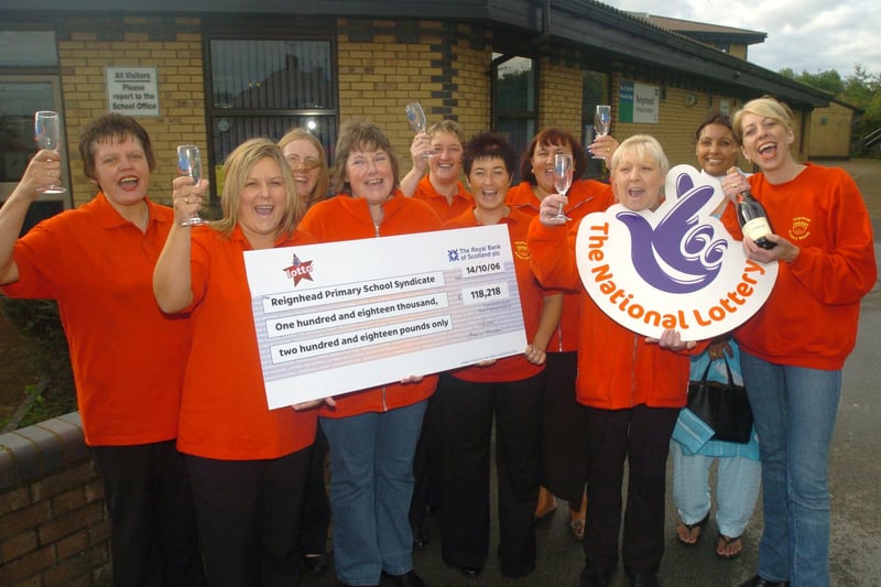 Pictured at  Reignhead Primary school, Platts Drive, Beighton, where  the dinner ladies lottery syndicate picked up a cheque for £118.218 after winning on the lottery in 2006