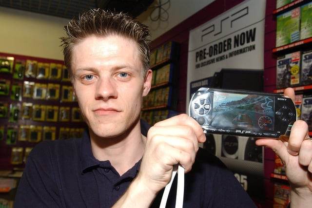 Karl Hoyland of  Game Meaddowhall  with the new Sony hand held PlayStation in 2005