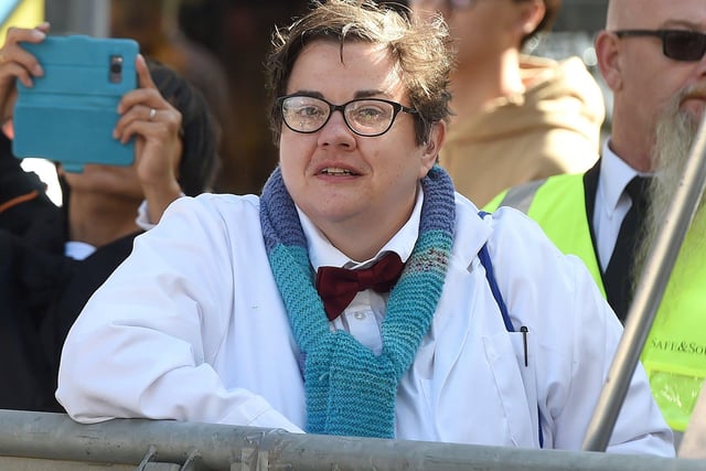A fan at the Doctor Who premiere screening at the Light, The Moor channeling Osgood