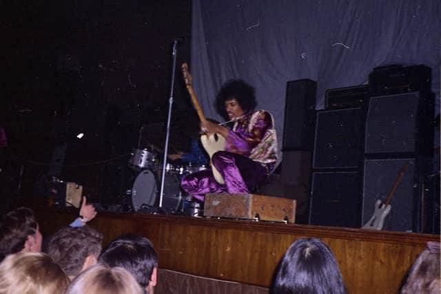 Pictured is Jimi Hendrix at Sheffield City Hall, in November, 1967, courtesy of Lancashire-based Beatles and music memorabilia specialists Tracks Ltd UK.
