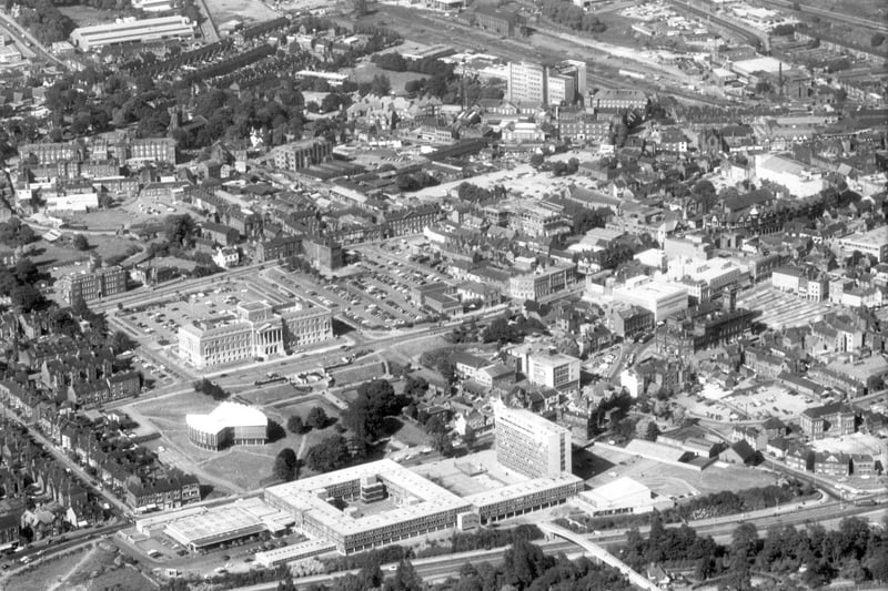 An aerial image of Chesterfield from the late-1960s, you can still see the old AGD building which has now been replaced by Spire Walk.