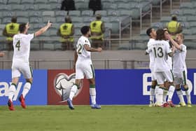 Republic of Ireland's players celebrate after scoring their side's first goal during the World Cup 2022 group A qualifying soccer match between Azerbaijan and Republic of Ireland at the Olympic stadium in Baku, Azerbaijan, Saturday, Oct. 9, 2021. (AP Photo)