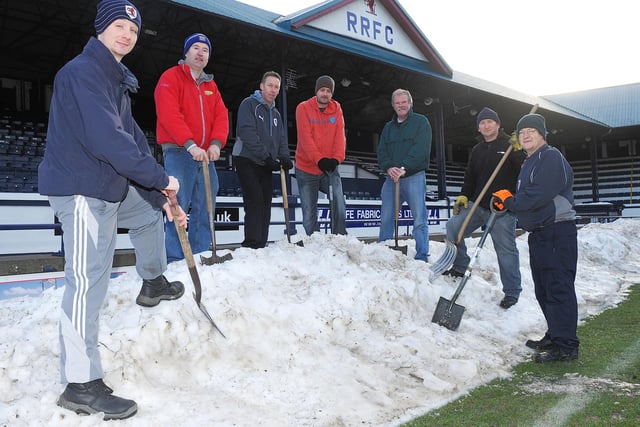 That's a lot of snow! Clearing the pitch at Stark's Park, Kirkcaldy are Wayne McCann, Andrew Vanbeck, Gav Reekie, Andy Campbell, David Wann, Harry Wyper, George Sutherland (RRFC groundstaff)   (Pic: Fife Free Press)