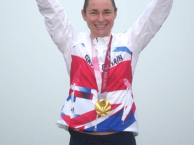 Great Britain's Sarah Storey celebrates becoming Britain’s most successful Paralympian.