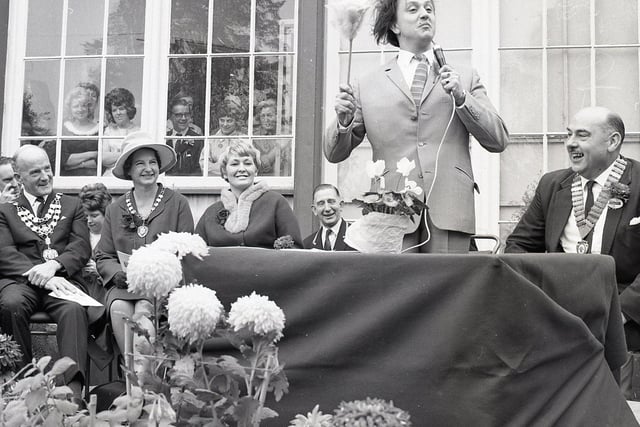 Buxton Advertiser archive, Oct 1966, Ken Dodd at the opening of "Buxton on show" an exhibition of local businesses designed to boost the town's trade. 8,000 people attended over the four days.