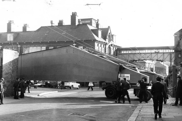 A scene from October 1963, showing the jib of new crane being assembled at the shipyard of John Readhead and Sons Ltd.