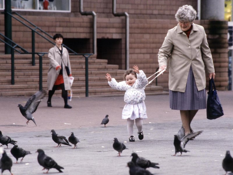 Granny holds onto a toddler's harness as she chats to the pigeons in Glasgow, August 1990.