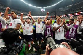 (left to right) England's Jude Bellingham, Declan Rice, Harry Kane, Ollie Watkins, Nico O'Reilly, Marcus Rashford and Dan Burn celebrate after the FIFA World Cup Round of 16 match at Mexico City Stadium, Mexico.