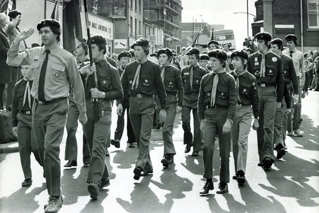 The Scout St. George's Day Parade marches along Barker's Pool, Sheffield, April 20, 1980