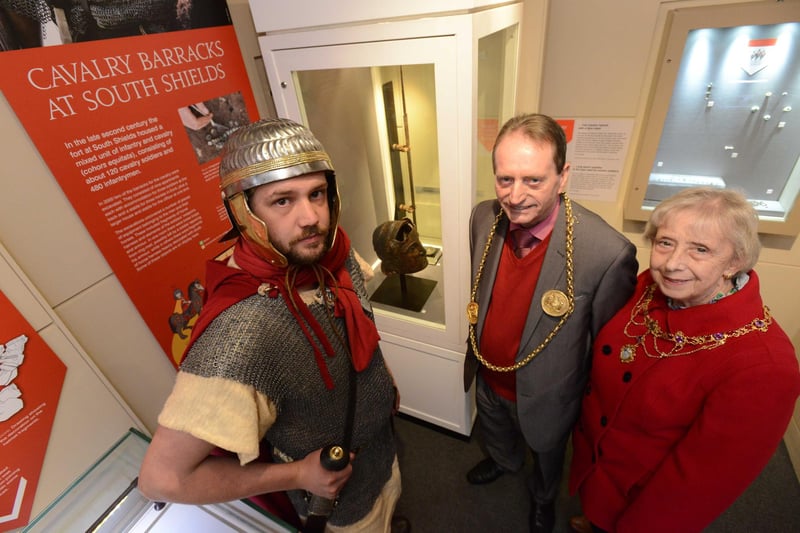 A Hadrian's Cavalry exhibition at Arbeia Roman Fort in 2017 with Cavalry trouper Arran Johnston and Mayor and Mayoress Alan and Moira Smith in the picture.