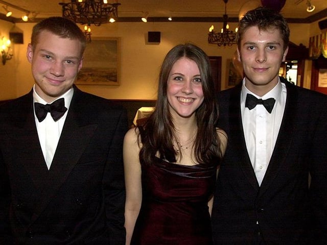 Ben Browett, Mary McGowan and Alex Parys at the Silverdale School 6th Form prom on July 1, 2002