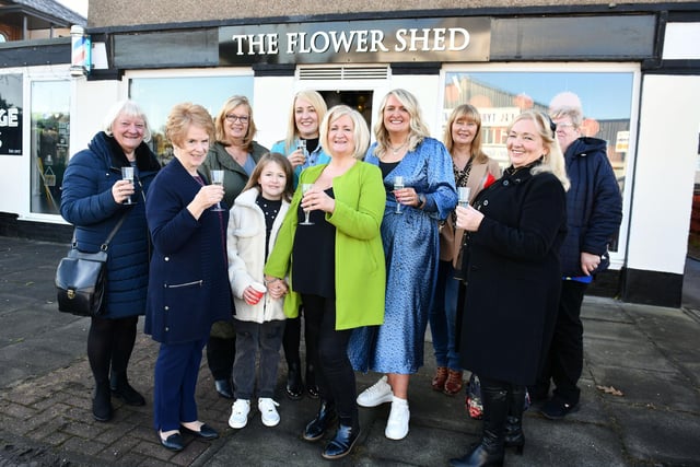 Allyson Lapere is pictured at the opening of her new flower shop, The Flower Shed in Newhouse Road, Grangemouth with family and friends.  The new business opened in November.