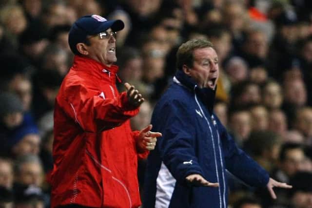 Tony Pulis at Stoke City and then manager of Tottenham Hotspur Harry Redknapp shout to their team during the Barclays Premier League match between Tottenham Hotspur and Stoke City at White Hart Lane on January 27, 2009 .  (Photo by Clive Rose/Getty Images)