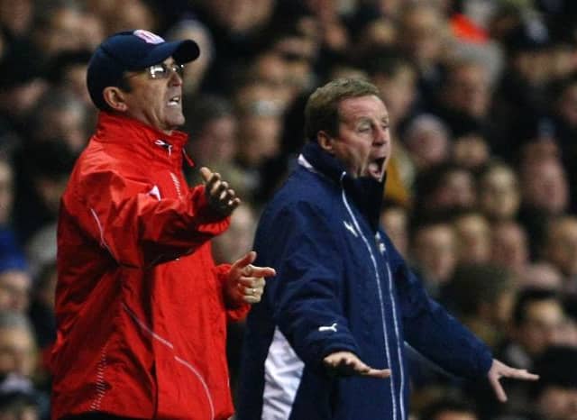 Tony Pulis at Stoke City and then manager of Tottenham Hotspur Harry Redknapp shout to their team during the Barclays Premier League match between Tottenham Hotspur and Stoke City at White Hart Lane on January 27, 2009 .  (Photo by Clive Rose/Getty Images)