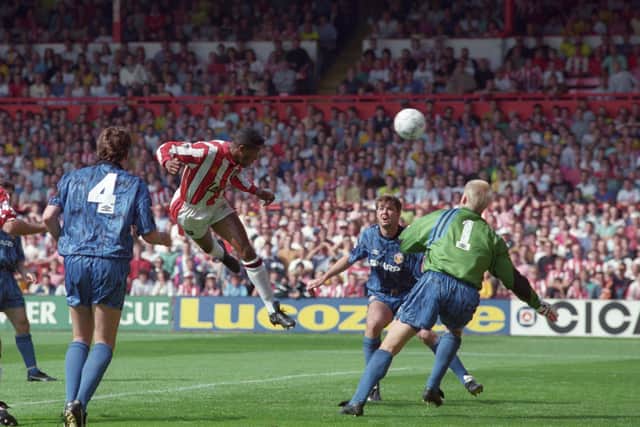 Brian Deane scoring the first Premiership goal. Sheffield Utd v Manchester United, 15th August 1992