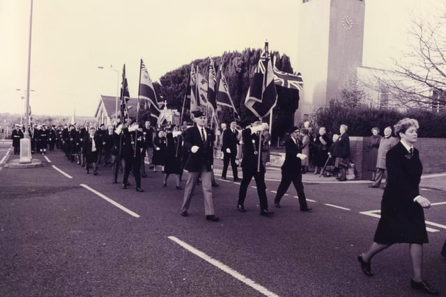 The march away from the Waterlooville remembrance service, 1993. The News PP5143