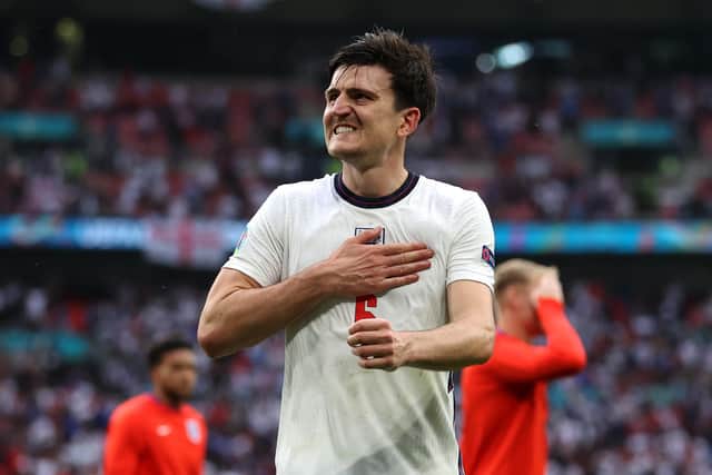 Harry Maguire of England celebrates after victory in the UEFA Euro 2020 Championship Round of 16 match between England and Germany at Wembley Stadium. (Photo by Catherine Ivill/Getty Images)