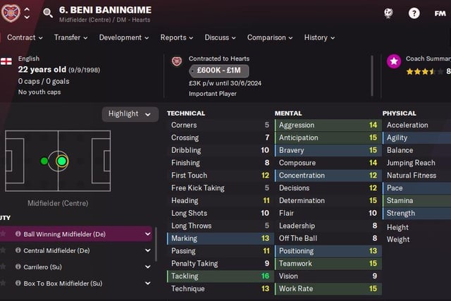 Hearts fan favourite Beni Baningime is best played as a ball-winning midfielder and has strong attributes including tackling, work rate and team work.