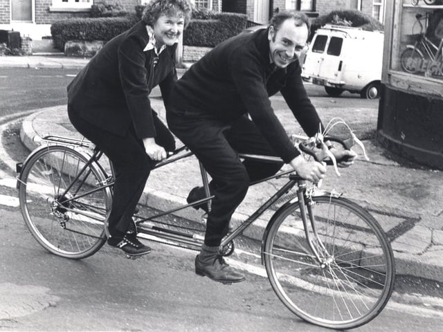 Ted and Pat James on the Motebcana tandem, at James Cycles, Sheffield, in 1979