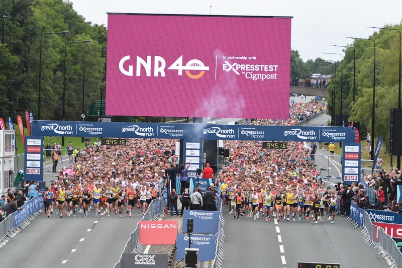 The runners cross the start line of the 2021 Great North Run.