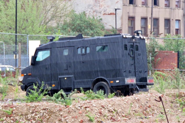 Filming in Sheffield for new HBO miniseries The Regime, starring Kate Winslet and Hugh Grant. An armoured vehicle is visible here during filming around an old steel cementation furnace in Shalesmoor. Photos by @steelcitysnaps via Twitter