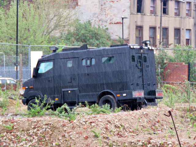 Filming in Sheffield for new HBO miniseries The Regime, starring Kate Winslet and Hugh Grant. An armoured vehicle is visible here during filming around an old steel cementation furnace in Shalesmoor. Photos by @steelcitysnaps via Twitter
