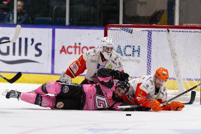 Ex-Steeler Mathieu Roy tangles with Sheffield's defence.