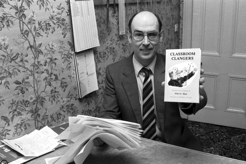 Gordon Wright, independent publisher who runs his business from his Mayfield Road home in Edinburgh. Picture taken with his new publication 'Classroom Clangers' in December 1984.