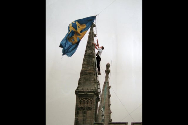 St Mary's Church flag 15th September 1992. Specialist work to free a flag snared on a lightning conductor on one of the four spires