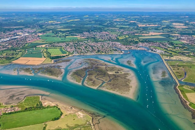 Landscape view of Emsworth looking North from overhead Hayling Island.
