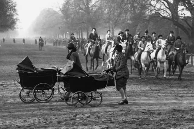 Nannies with prams on Rotten Row, Hyde Park, London