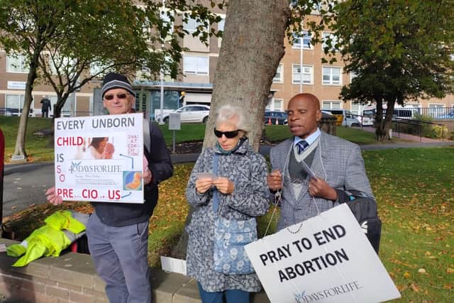 Pro-life protesters outside the Hallamshire Hospital in Sheffield earlier this month. Law have been passed for a 'buffer zone' affected protests around hospitals