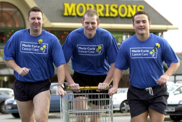 Three managers from Morrisons ran the London Marathon to raise funds for Marie Curie, pictured in training in 2002 are  Dave Kenworthy, Aaron Brocklehurst, Duncan Brooks