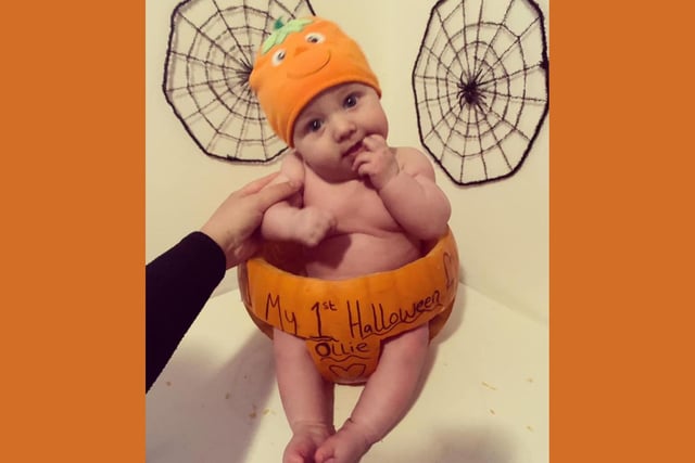 Amy Bowman sent in this cute snap of Ollie, aged 3 months, in his pumpkin.