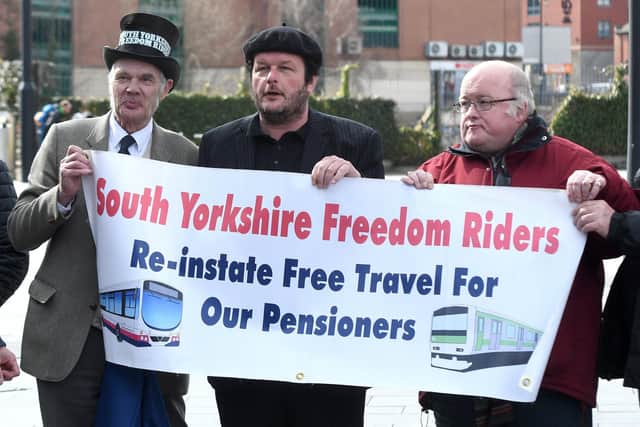 South Yorkshire Freedom Riders rally outside Sheffield railway station.